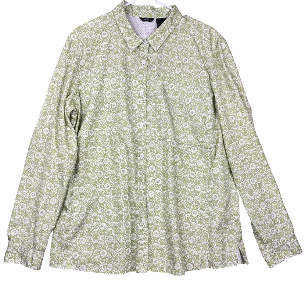 Eddie Bauer Womens Ripstop Hiking‎ Shirt XXL Green White Floral Medallion Plus
